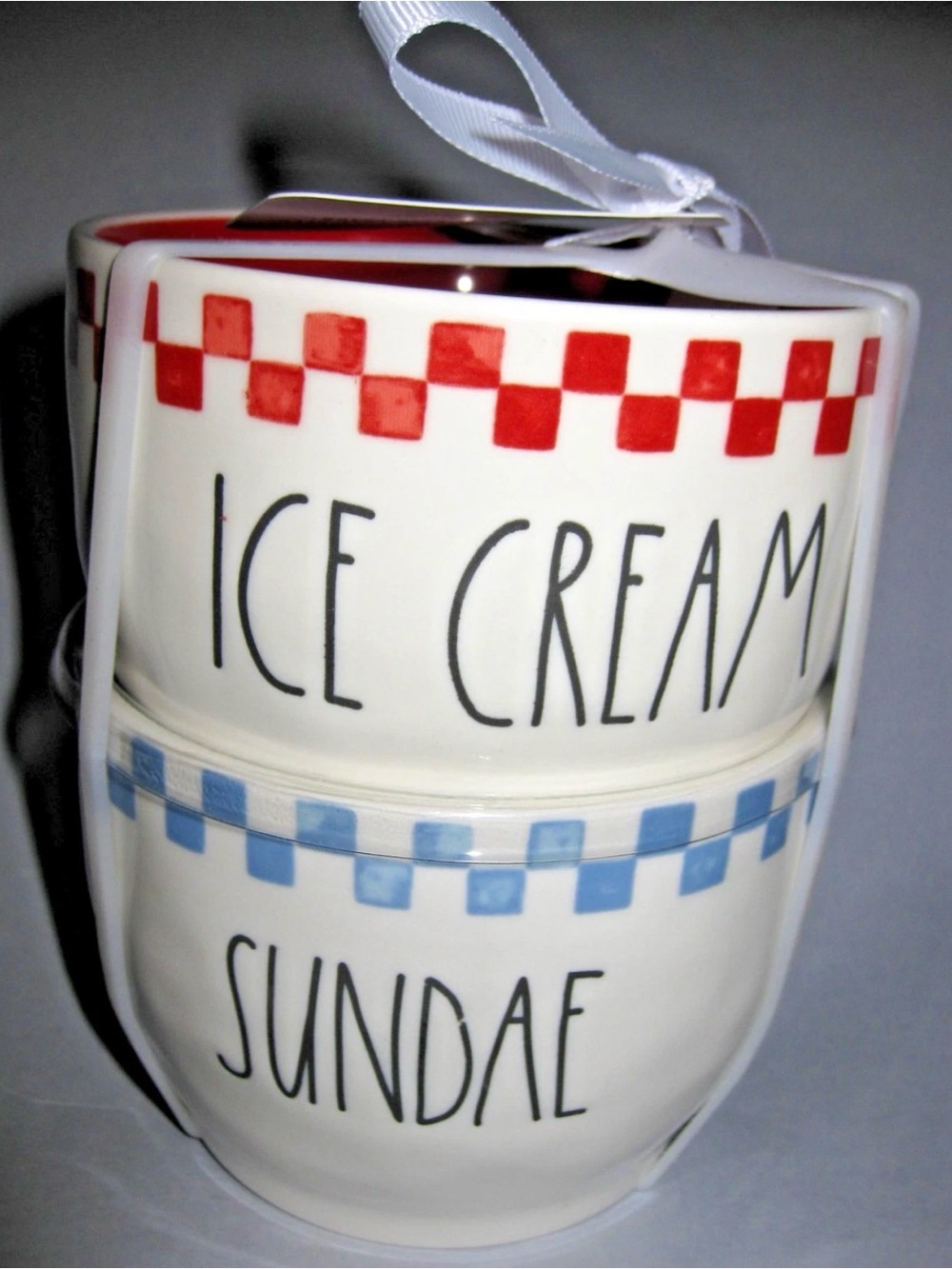 NWT RAE DUNN ‘Ice Cream’ ‘Sundae’ Ceramic Bowls - Red/Blue Checker Set of 2